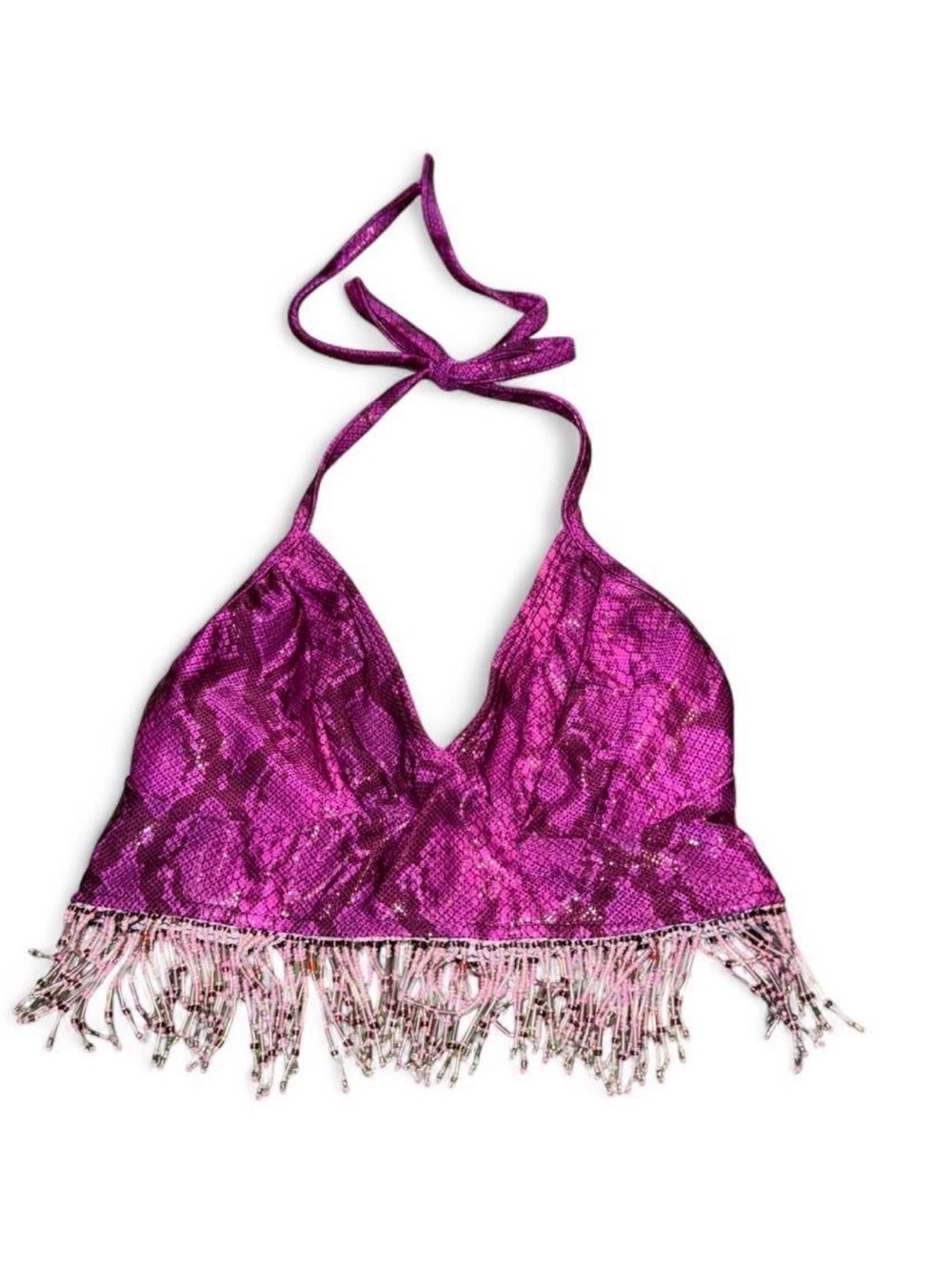 Women’s Fuchsia Snake-Print Halter Top with Beaded Fringe